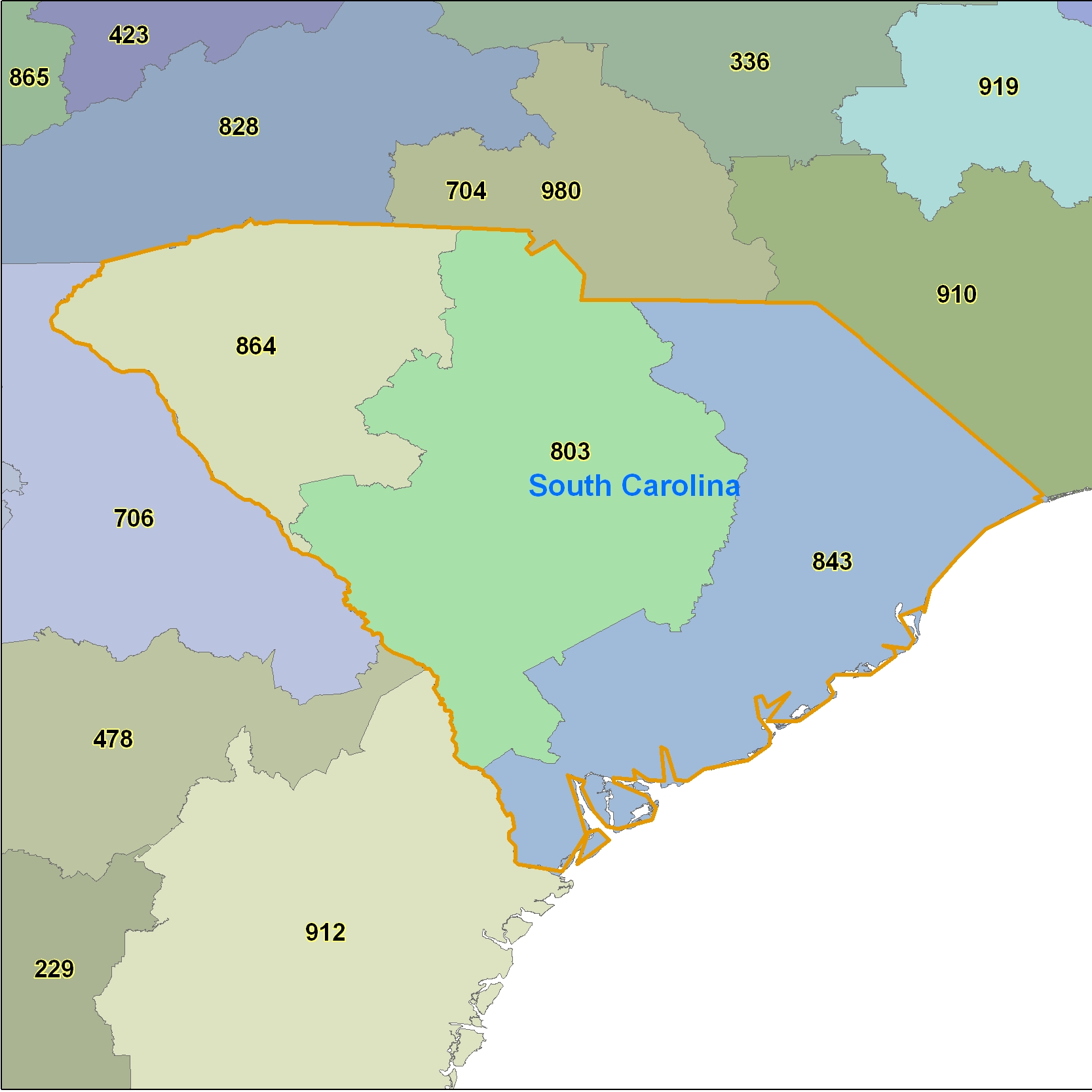South Carolina (SC) Area Code Map